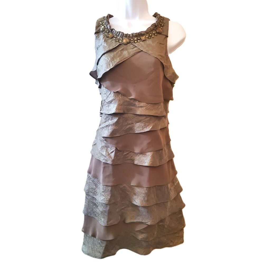 Vintage Y2K Dress S.L. Fashions Size 14 Round Neck Midi Sleeveless Tiered Silver